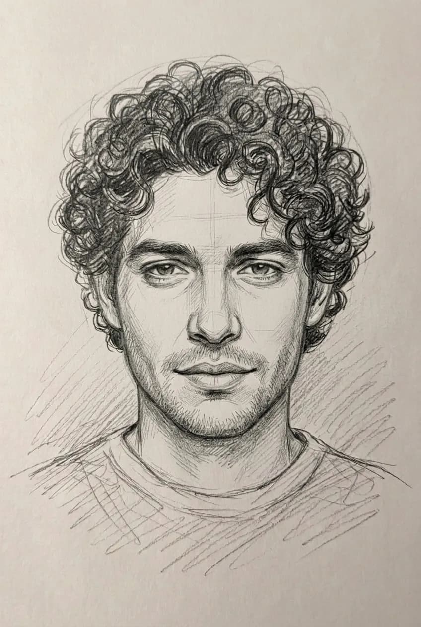 A graphite pencil portrait of a young man with curly hair, drawn from a Synastra quiz